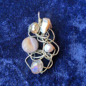 Artisan handmade silver wire pendant with pearls and Aurora